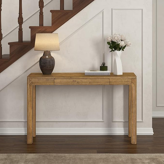 NTC Flow Modern Wooden Rectangle Console Table with Hidden Drawer – Waterproof & Heat Resistant, Teak Look