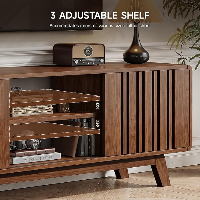 Mid-Century Modern Television Stand for 55/65/70 inch TV, 63” TV Stand with Power Outlet for Living Room, Entertainment Center with Sliding Grille Door Cabinets and Open Shelves, for Bedroom, Walnut