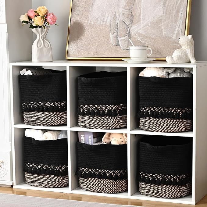 3 Pack Storage Basket for Shelves, Boho Cotton Rope Storage Bins with Heavy Tassel, Shelf Baskets Large Woven Baskets for Organizing, Cube Organizer Bins, Baby Laundry Basket for Clothes, Toys, Pets
