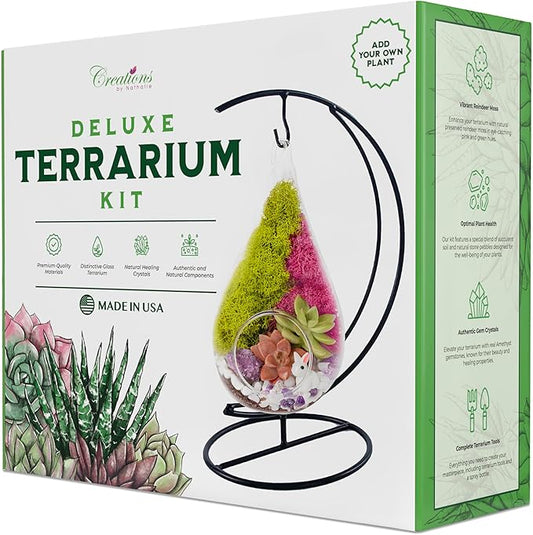 7" DIY Teardrop Terrarium Kit with Live Plants - Hanging Glass Planter with Stand for Adults & Kids - Build a Mini Ecosystem with Moss, Crystals, Tools - Made in The USA