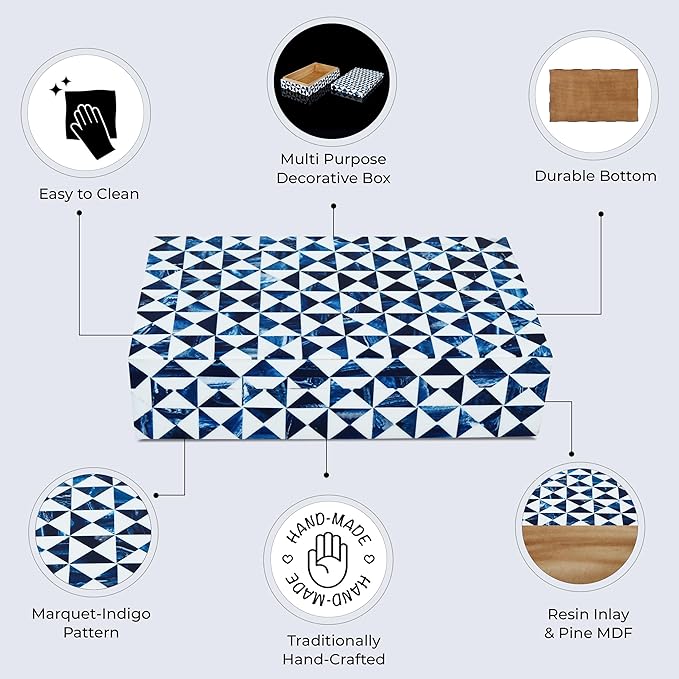 Handicrafts Home Handmade Marquet Indigo Collection Decorative Jewelry Box Organizer – Keepsakes, Trinkets, and Home Decor – Antique Coffee Table Storage, Memory Box, Farmhouse Style Decor, 10x6x2.5