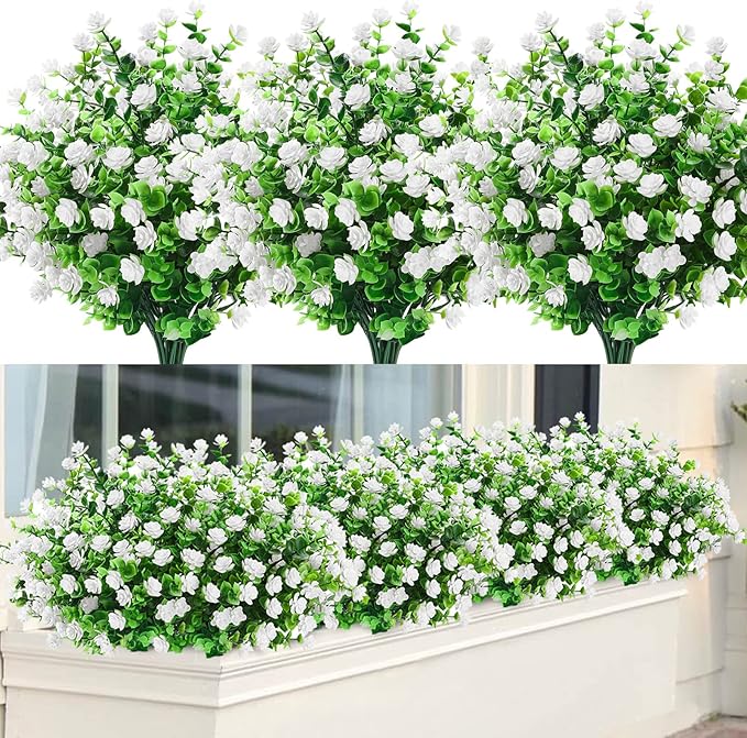 GREENRAIN Artificial Flowers Outdoor Fake Flowers for Decoration UV Resistant No Fade Faux Plastic Plants Garden Porch Window Box Décor (18 Bundles, 4#White)