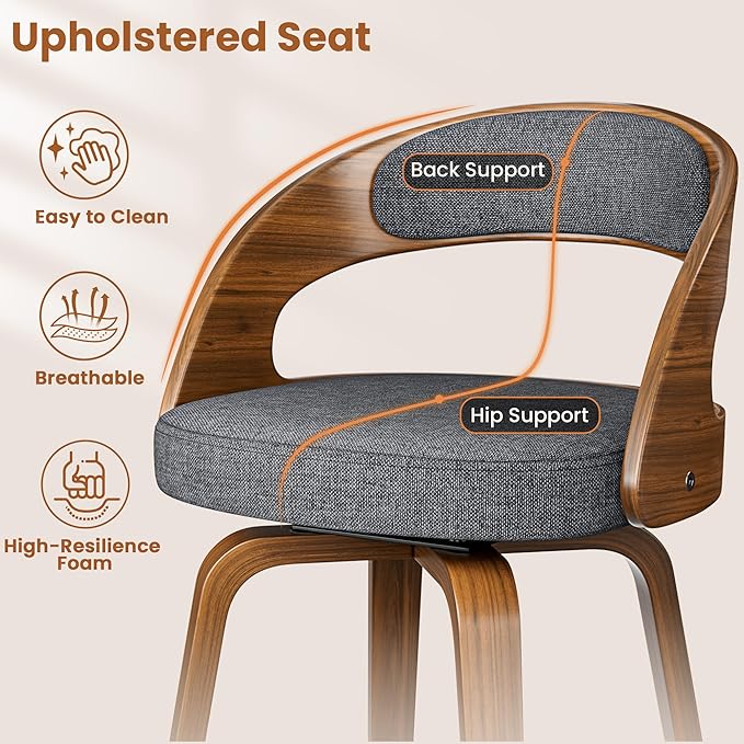 Swivel Bar Stools, 26" Upholstered Linen Fabric Barstools with Bentwood Legs, Mid Century Modern Counter Height Bar Stools with Back for Kitchen Island, Dining Room, Grey