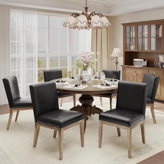 Wooden Dining Chairs Set of 6, Modern Leather Upholstered Dining Room Chair, Kitchen Side Chairs, Farmhouse Dinner Chair with High Back for Kitchen, Black