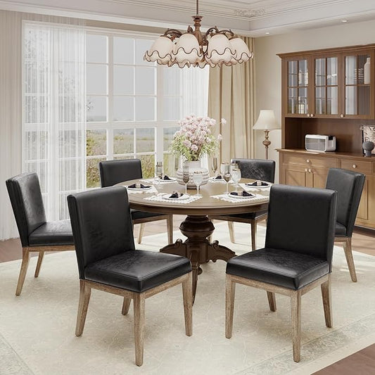 Wooden Dining Chairs Set of 6, Modern Leather Upholstered Dining Room Chair, Kitchen Side Chairs, Farmhouse Dinner Chair with High Back for Kitchen, Black