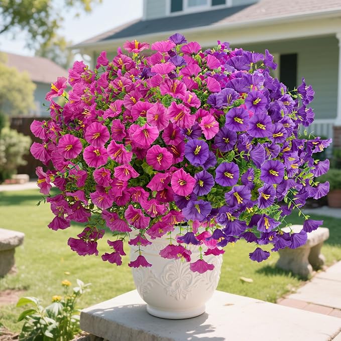 12 Bundles Artificial Flowers for Outdoors Decorations, Fake Flowers Artificial Plants Outdoor, Colorful Morning Glory Realistic UV Resistant for Garden Patio Porch Home Decor (Purple+RoseRed)