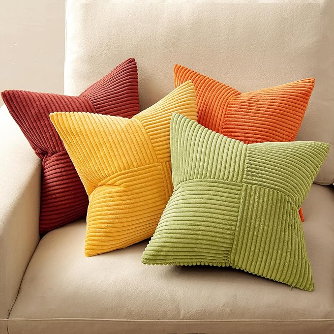 MIULEE Fall Burnt Orange Decorative Throw Pillow Covers 16x16 Inch Set of 4 Boho Color-Clash Cushion Covers Modern Farmhouse Pillow Cases Corduroy Striped Home Decor for Couch Sofa Bed