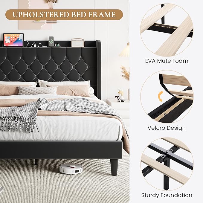 SHA CERLIN Full Size Platform Bed Frame with Charging Station, Velvet Wingback Headboard with Storage Shelf, Wooden Slats Support, Ample Under-Bed Space, No Box Spring Needed, Easy Assembly, Black