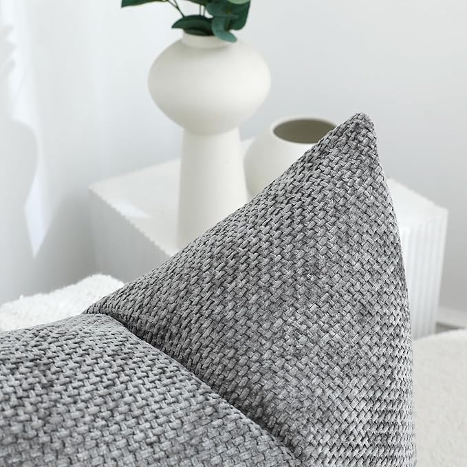 Stellhome Pack of 2 Chenille Neutral Decorative Throw Pillow Covers Soft Woven Textured Luxury Accent Cushion Cases for Living Room Couch Bed Sofa Farmhouse Boho Home, 18x18 inch, Grey