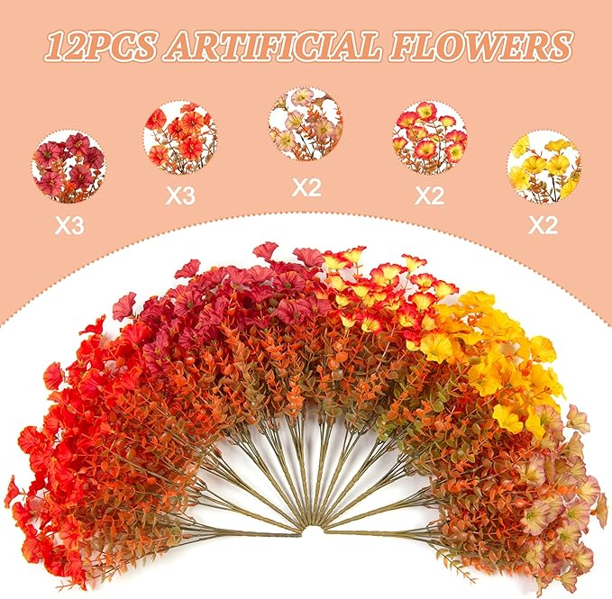 Fall Artificial Flowers for Decoration, 12 Bundles Fake Autumn Flower Plants Petunias, Faux Silk Morning Glory Eucalyptus for Planter Garden Porch Front Door Window Box, Orange Red Yellow