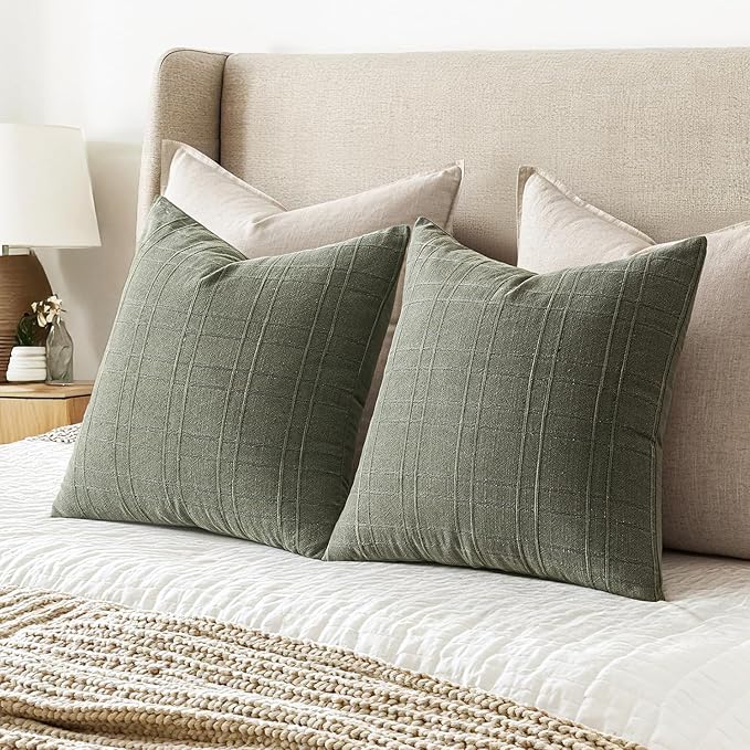 MIULEE Decorative Linen Check Throw Pillow Covers Neutral Farmhouse Vintage Pillow Covers 16x16 Set of 2 Boho Modern Home Decor for Sofa Couch Bedroom Cushion Olive Green