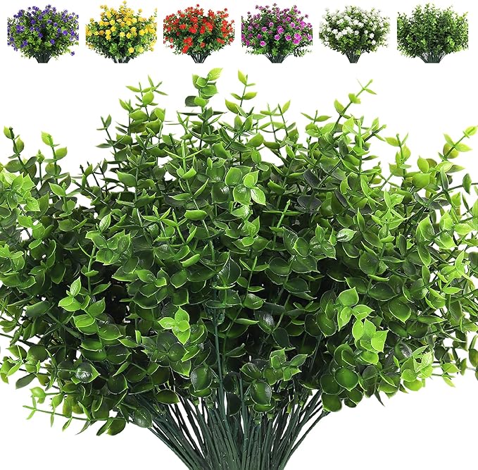 RECUTMS 8 Bundles Artificial Eucalyptus Artificial Grasses Fake Greenery Boxwood Stems Fake Plants and Greenery Springs for Farmhouse,Home,Garden,Office,Patio,Wedding and Indoor Outdoor(Eucalyptus)