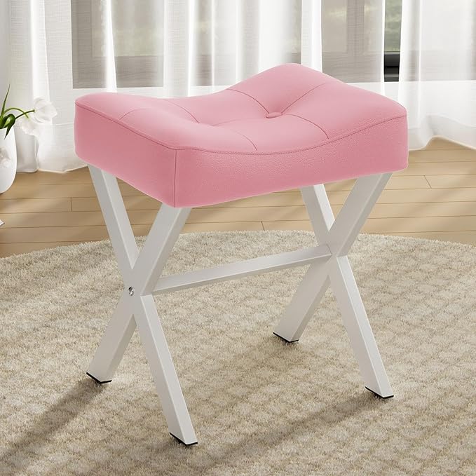 18-Inch Leather Vanity Stool Chair, Vanity Bench with Metal X-Leg, Ottoman Accent Stool with Thick Padded Saddle Seat, Pink