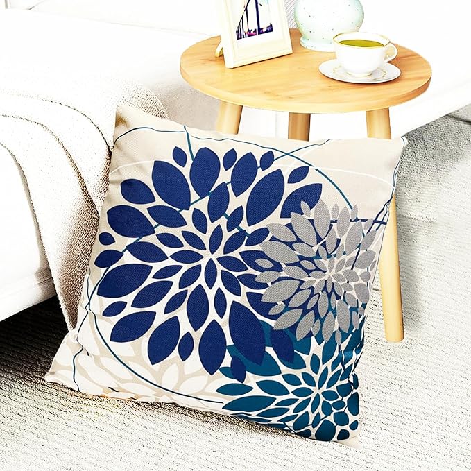 Blue Decorative Throw Pillow Covers 22x22 Inch Pillow Covers for Couch Living Room Bedroom Car Outdoor.Modern Sofa Throw Pillow Cover.Farmhouse Geometric Floral Linen Square Pillow Case.Set of 2