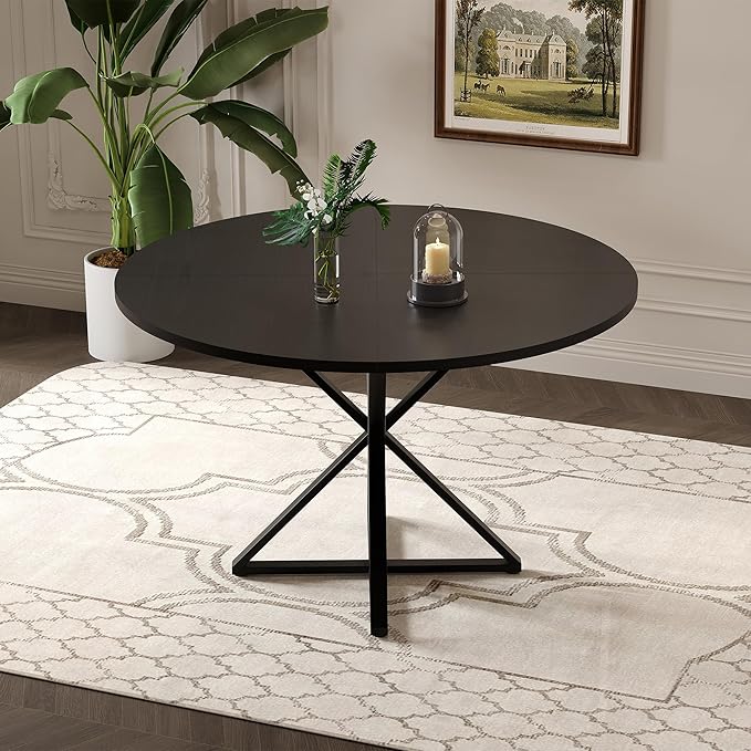 GarveeHome 47 inch Round Dining Table for 4, Black, Farmhouse Wood Circle Pedestal Kitchen Table, Circle Dinner Table for Kitchen & Dining Room