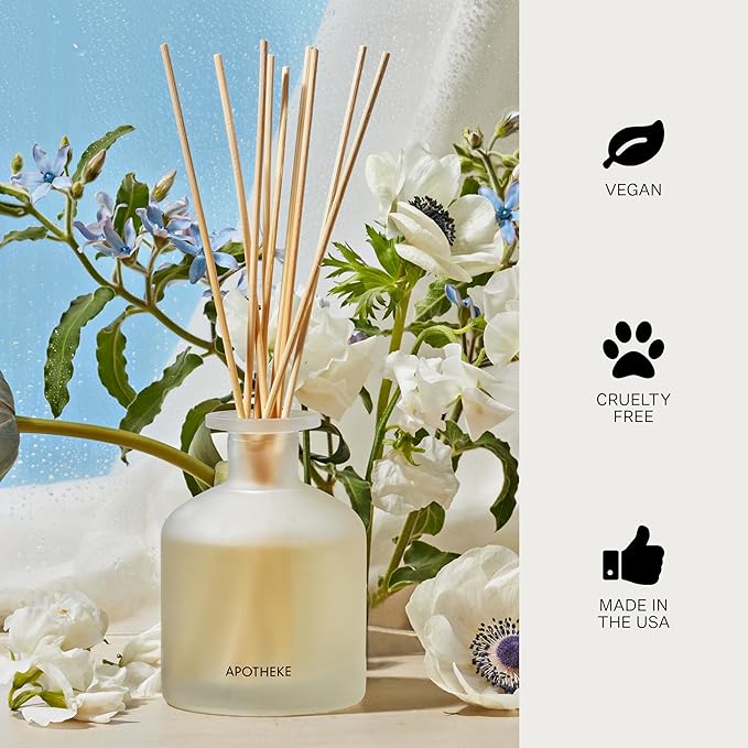 Apotheke Luxury Scented Reed Diffuser for Home, Canvas - 6.7 Fl Oz Essential Oil Aromatherapy - 10 Rattan Scent Sticks Room Diffuser - Long-Lasting Fragrance for Bedroom, Home, Bathroom