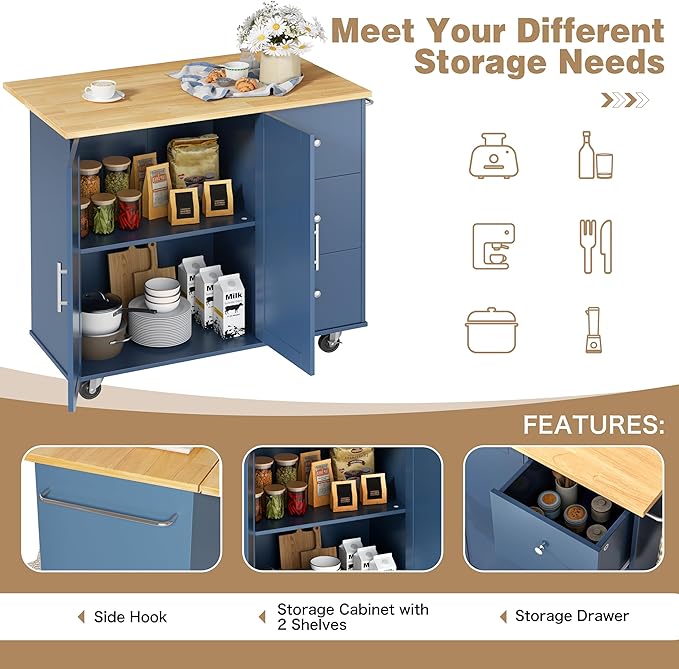 Shintenchi Kitchen Island with Folding Drop Leaf, Rolling Island Table with Storage, Kitchen Cabinet on Wheels with Seating Area for Kitchen, Bar Cart with Cabinet, Blue