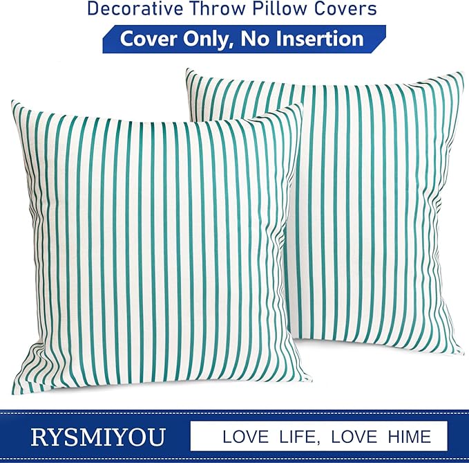 Decorative Throw Pillow Covers Set of 2 Teal Blue Striped Pillow Covers 18x18 Inch Throw Pillow Cover Linen Pillowcase Modern Farmhouse Outdoor Pillow Covers for Couch Sofa Bed Living Room
