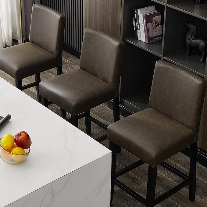 26'' Faux Leather Bar Stools Set of 3, Modern Upholstered Bar Height Bar Chairs, Soild Wood Legs Barstools with Back, Brown