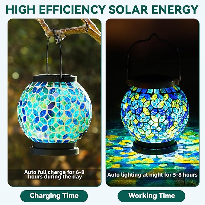 VOREEN Mosaic Solar Lanterns, Handmade Outdoor Glass Hanging Light, Waterproof Solar Table Lamp, Gift for Mom Wife Friend, Decor for Garden, Patio, Yard, Balcony, Green & Yellow, Leaves Pattern