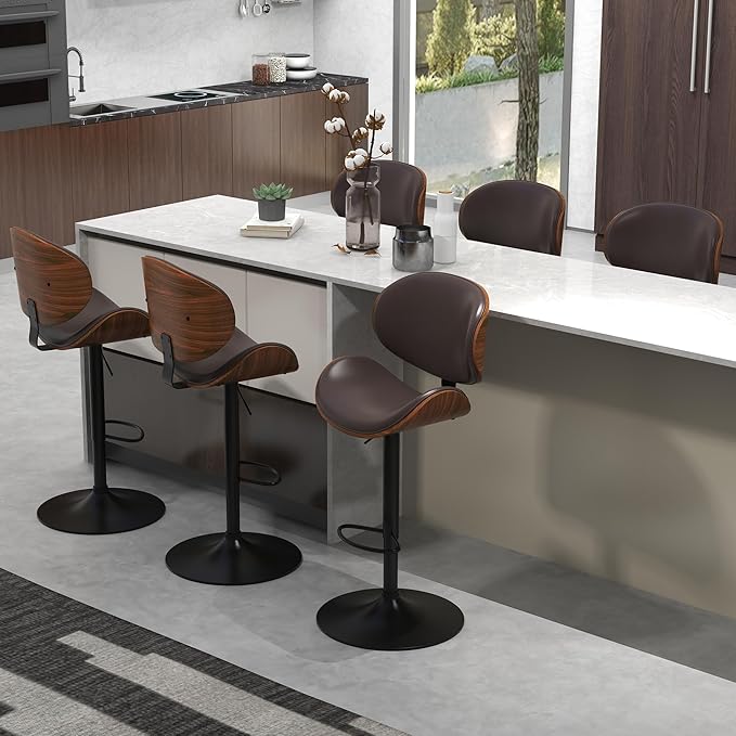 civama Bar Stools 1 PC for Kitchen Counter, Adjustable Bar Height Chairs, Modern Swivel Barstools with Bentwood Seat and Back with Footrest for Kitchen Island, Dining Room, Brown PU Leather