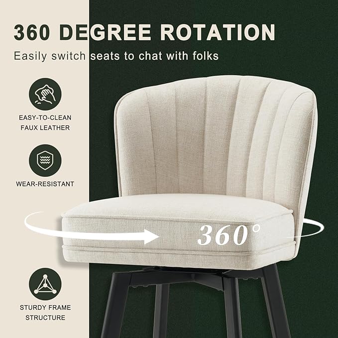 Swivel Counter Height Bar Stools Set of 4, 26'' Modern Barstools with Backs and Metal Legs, Upholstered Bar Chairs, Beige, Fabric Stools for Kitchen Island Chairs