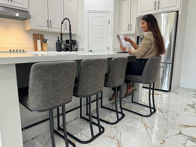 PHI VILLA Dark Grey Bar Stools Set of 2, Faux Leather Counter Height Chairs, Kitchen Stools for Island, 24 Inch Barstools with Back