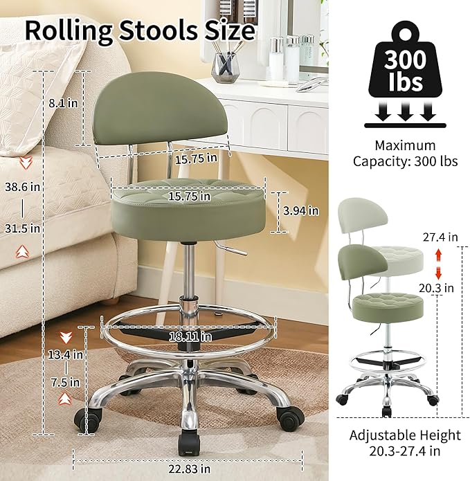 Rolling Stools with Wheels (Faux Leather Makeup Stool) (Quiet Wheels and Aluminum Base) Adjustable Barber Chair 20-27 inch (Green)