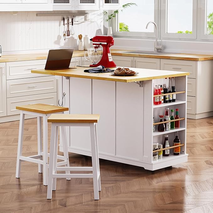 Merax 53" Kitchen Cart Island on Wheels with Power Outlet,Drop Leaf,3 Drawers and 5 Open Side Racks,Wood Storage Cabinet