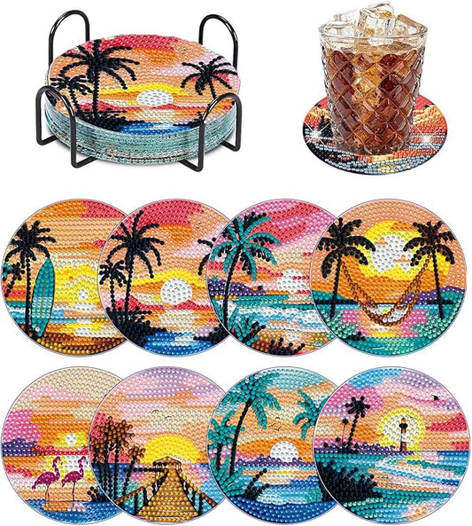 8 PCS Beach Moon Diamond Art Coasters Kits, Diamond Painting Coasters with Holder Set of 8, DIY Drink Coasters Art Crafts Supplies for Adults Cup Mat for Home Decor House Warming Gifts 3.9inch