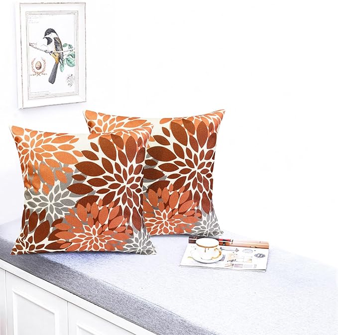 Decorative Throw Pillow Covers Set of 2 Brown Coffee Pillow Covers 20x20 Inch Couch Pillow Covers for Sofa Living Room Outdoor Throw Pillow Cover Linen Floral Flower Farmhouse Pillowcase