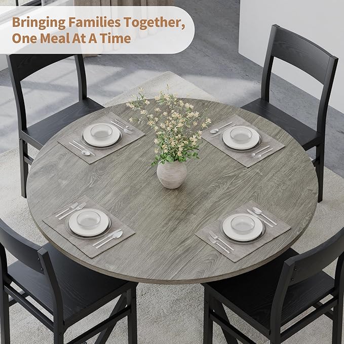 Round Dinner Table for 4, 42 Inch Kitchen & Dining Room Table with Storage, Wooden Circle Dining Table, Mid Century Modern Dining Table with Metal Legs for Kitchen, Living Room, Dining Room, Grey