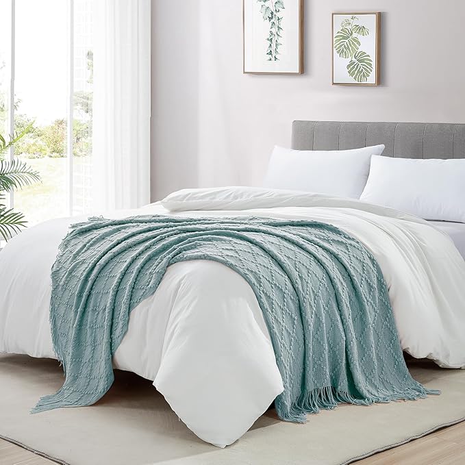 BOURINA Aqua Throw Blanket 50 x70 Inches Jacquard Argyle Throw Textured Solid Soft Throws and Blankets for Sofa or Bed Knitted Decorative Blanket