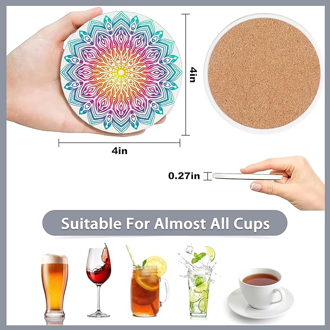 6 Pcs Coasters for Drinks with Holder,Flower Mandala Boho Absorbent Coaster with Cork Backing,Great Gift for Housewarming,Room Decor,Bar,Holiday Party