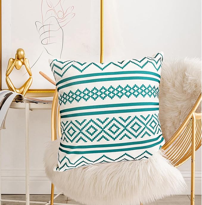 Decorative Throw Pillow Covers Set of 2 Teal Blue Boho Pillow Covers 16x16 Inch Throw Pillow Cover Linen Pillowcase Modern Farmhouse Outdoor Pillow Covers for Couch Sofa Bed Living Room