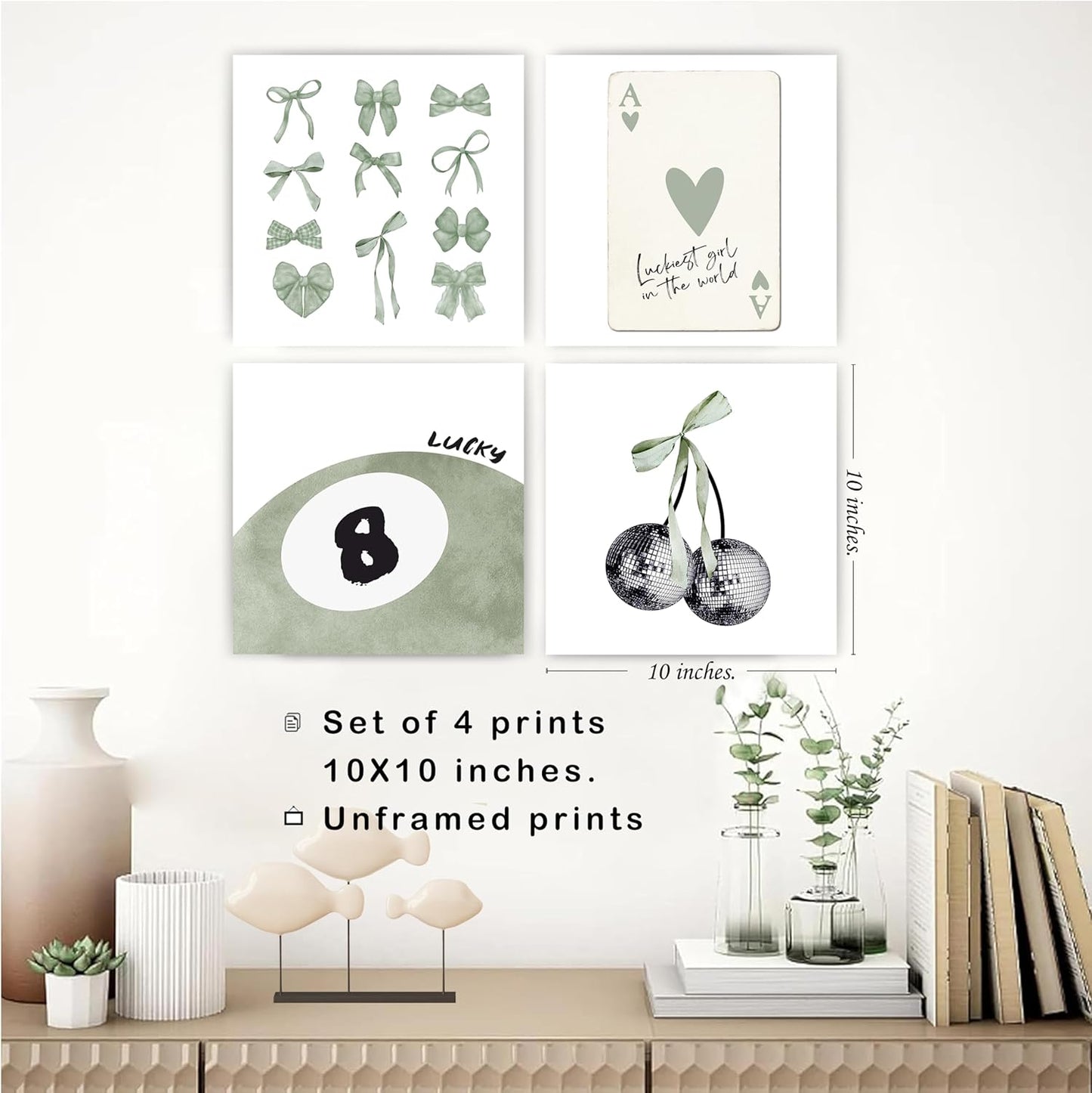 okaxscm Sage Green Coquette Trendy Preppy Wall Art Prints Set of 4, Coquette Preppy Room Decor Aesthetic, Green Bow Disco 8 Ball Cherry Wall Decor Posters for Girls Bedroom Dorm,10x10 Unframed