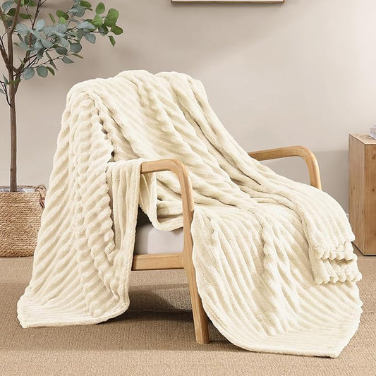 Geniospin Fleece Throw Blanket, 280GSM Extra Soft Lightweight Blanket with Strip, Plush Fuzzy Cozy Blankets and Throws for Couch, Bed, Sofa Cozy, Warm and Breathable (Ivory, 50x60 inches)
