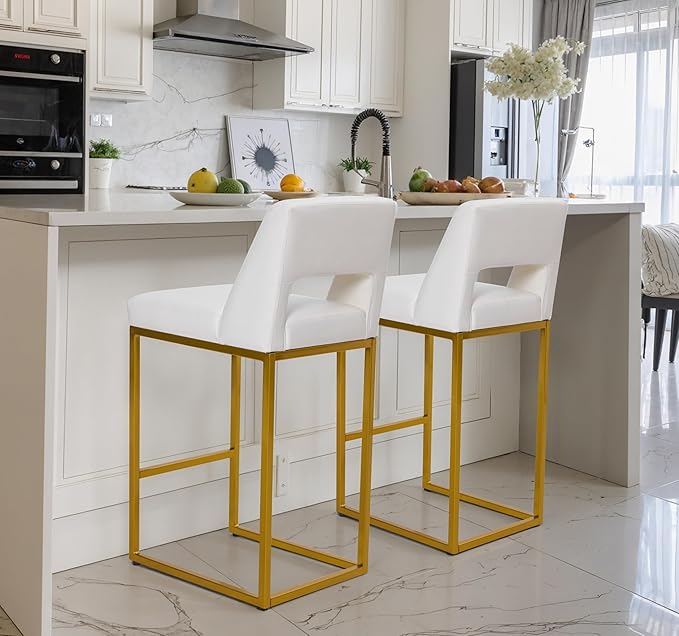 White and Gold Counter Height Bar Stool for Kitchen Counter Modern Bar Chair with Back for Kitchen Island with Upholstered Faux Leather Seat and Metal Frame, 26 Inch