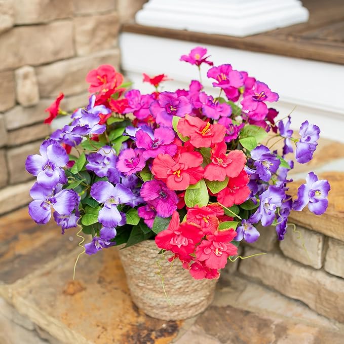 Hibiscus Artificial Flowers Plants for Outdoors Summer Decoration, 6 Bundles Fake Silk Hibiscus Bouquet Realistic UV Resistant Tropical Flowers Artificial for Outside Planter Front Door Porch Patio