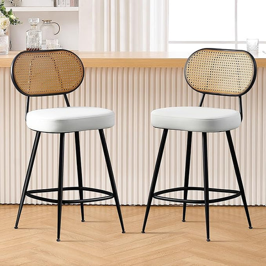 BFZ Counter Height Bar Stools Set of 2, 26" Seat Height Barstools with Rattan Back and Metal Legs, Upholstered Faux Leather Bar Chairs for Kitchen Island, Home Bar, Beige