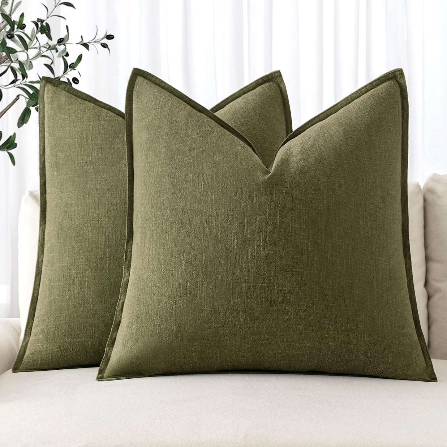 MIULEE Decorative Linen Pillow Covers 18x18 Inch Green Boho Farmhouse Neutral Couch Throw Pillows for Bed Pack of 2 Accent Outdoor Pillowcase Modern Sofa Cushion Livingroom Home Decor