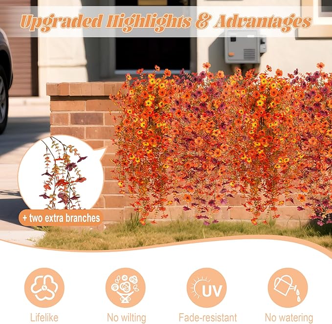 Fake Mums Artificial Fall Hanging Flowers for Outdoors Decoration 2 PCS Faux Mums for Outdoor Planters Fake Plants Look Real Daisy Flower No Fade Autumn Decor for Porch Home Patio Balcony and Yard