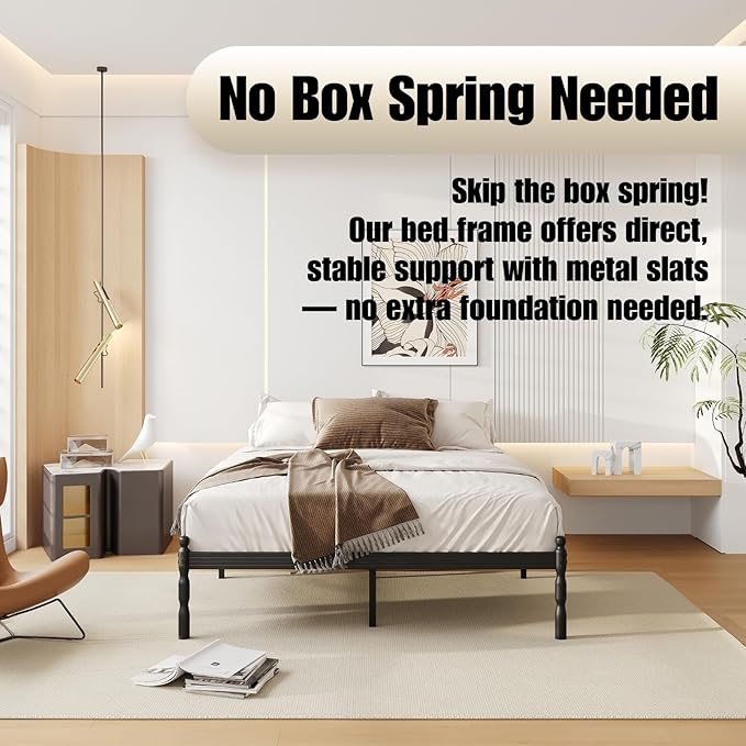 14 Inch Queen Size Bed Frame with 2 Pcs Mattress Slide Stopper, Queen Platform Bed Frame Metal, No Box Spring Needed, Easy Assembly, Heavy Duty, Noise Free, Non-Slip