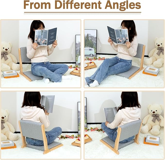 HollyHOME Foldable Japanese Style Floor Chair with Back Support, Wood Legless Tatami Chair with Cushion, Accent Meditation Seat for Bay Window, Living Room, Bedroom, Light Grey