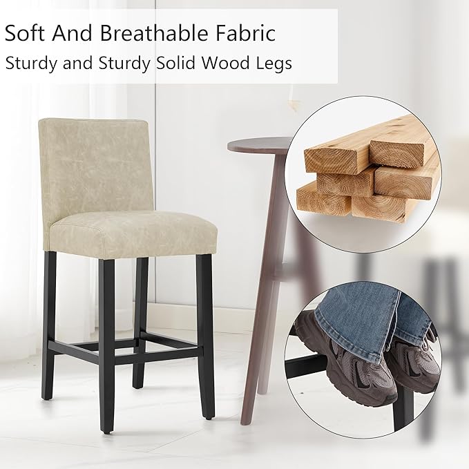 26'' Faux Leather Bar Stools Set of 4, Modern Upholstered Bar Height Bar Chairs, Soild Wood Legs Barstools with Back, Beige