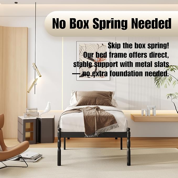 18 Inch Twin XL Metal Bed Frame with Mattress Slide Stopper, Twin XL Size Platform Bed Frames No Box Spring Needed, Heavy Duty Bedframe, Easy Assembly, Noise Free