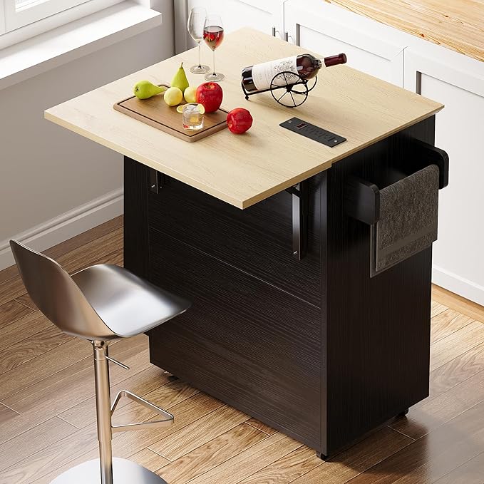 IRONCK Kitchen Island Cart with Storage, Rolling Kitchen Table with Power Outlet, Storage Cabinets on Wheels with Drop Leaf, Portable for Dining Room, Black