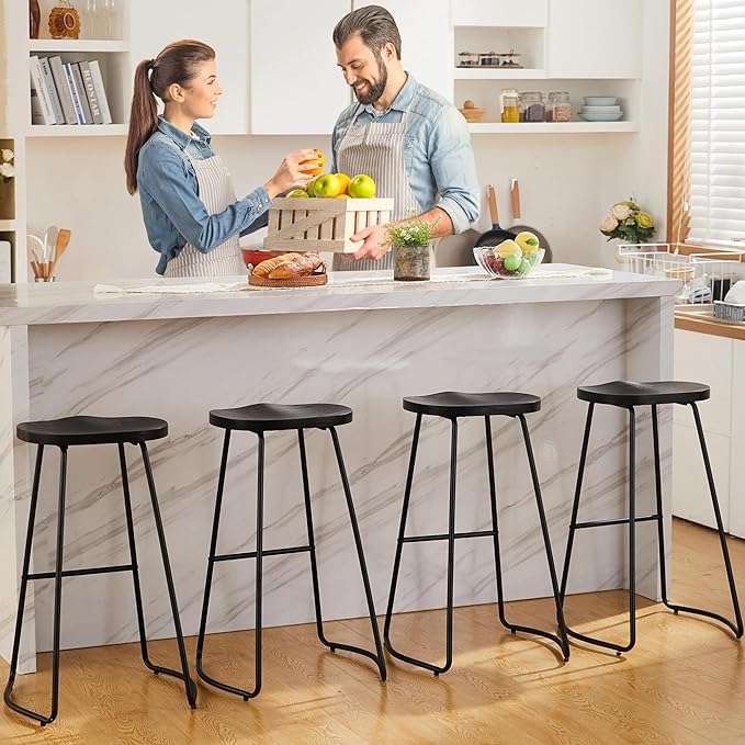 HeuGah Bar Stools Set of 4, Wood Saddle Seat Barstools for Kitchen Island, 30" Black Bar Height Stools with Footrest (Black, 4 PCS 30Inch Barstool)