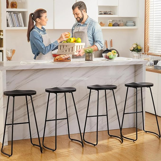 HeuGah Bar Stools Set of 4, Wood Saddle Seat Barstools for Kitchen Island, 30" Black Bar Height Stools with Footrest (Black, 4 PCS 30Inch Barstool)