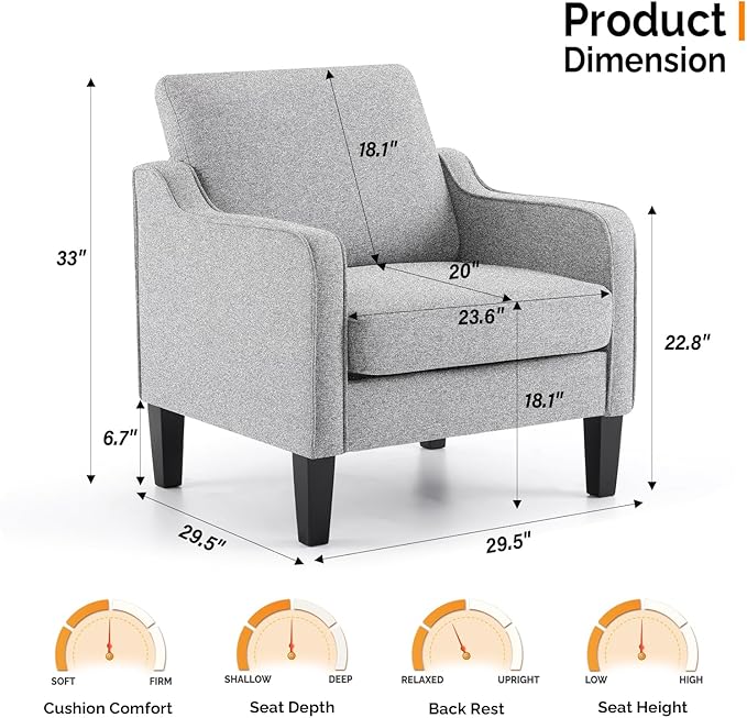 VINGLI Accent Chairs Set of 2 Gray Living Room Chairs Reading Chair for Bedroom Scooped Arm Chair Mid Century Modern Accent Chair Upholstered Comfy Chair for Apartment, Waiting Room